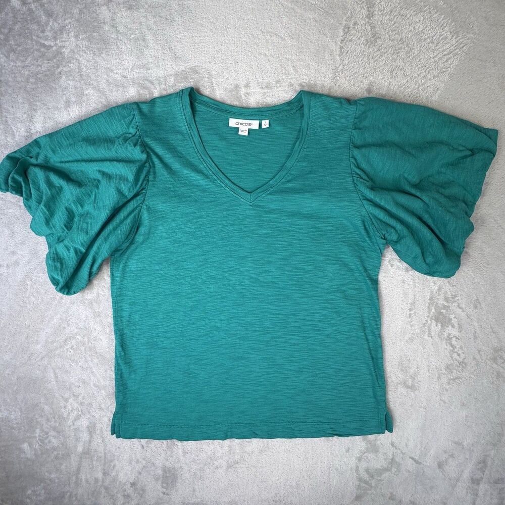 Chicos Flutter Sleeve Elbow Tee Green Slub Knit Womens Medium 2023